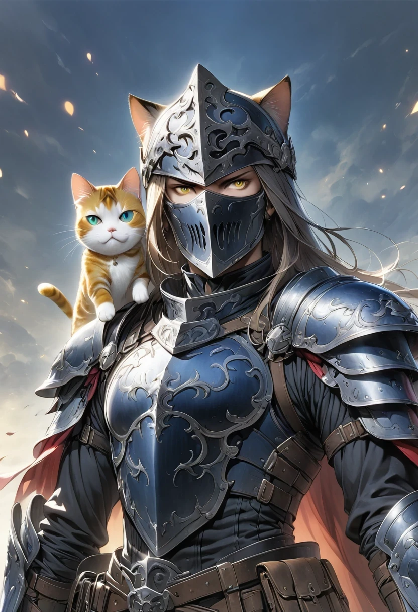 (Anthropomorphic Cat:1.5)，A cat knight in armor，holding a weapon，wearing a helmet，slim，holy sword，middle Ages