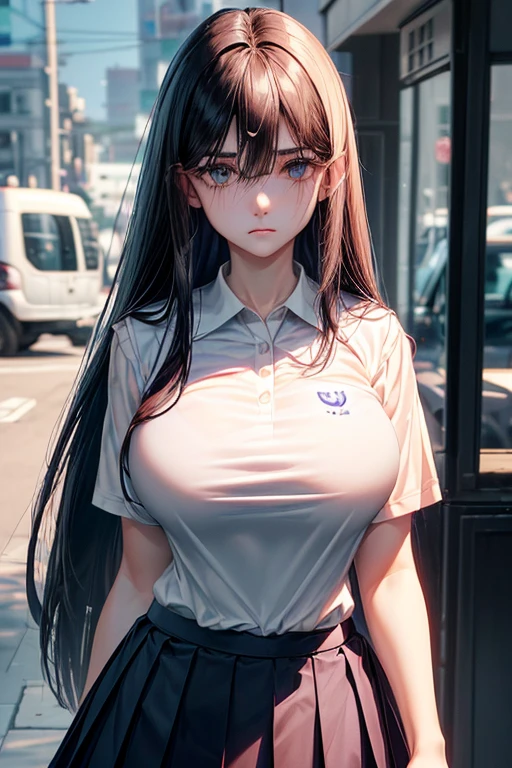 girl,expressionless,{(black hair:1.2),(medium hair:1.5),(straight hair:1.5),(hair between eyes:1.5)},(huge breasts:1.25),break,{(navy blue skirt:1.2),(pleated skirt:1.2),mini skirt},{(white polo shirt:1.5),(white collar:1.5),(short sleeves:1.2)},break,(fine eyes and skin:1.3),(detailed facial features:1.3),(perfect style),(beautiful face),at city