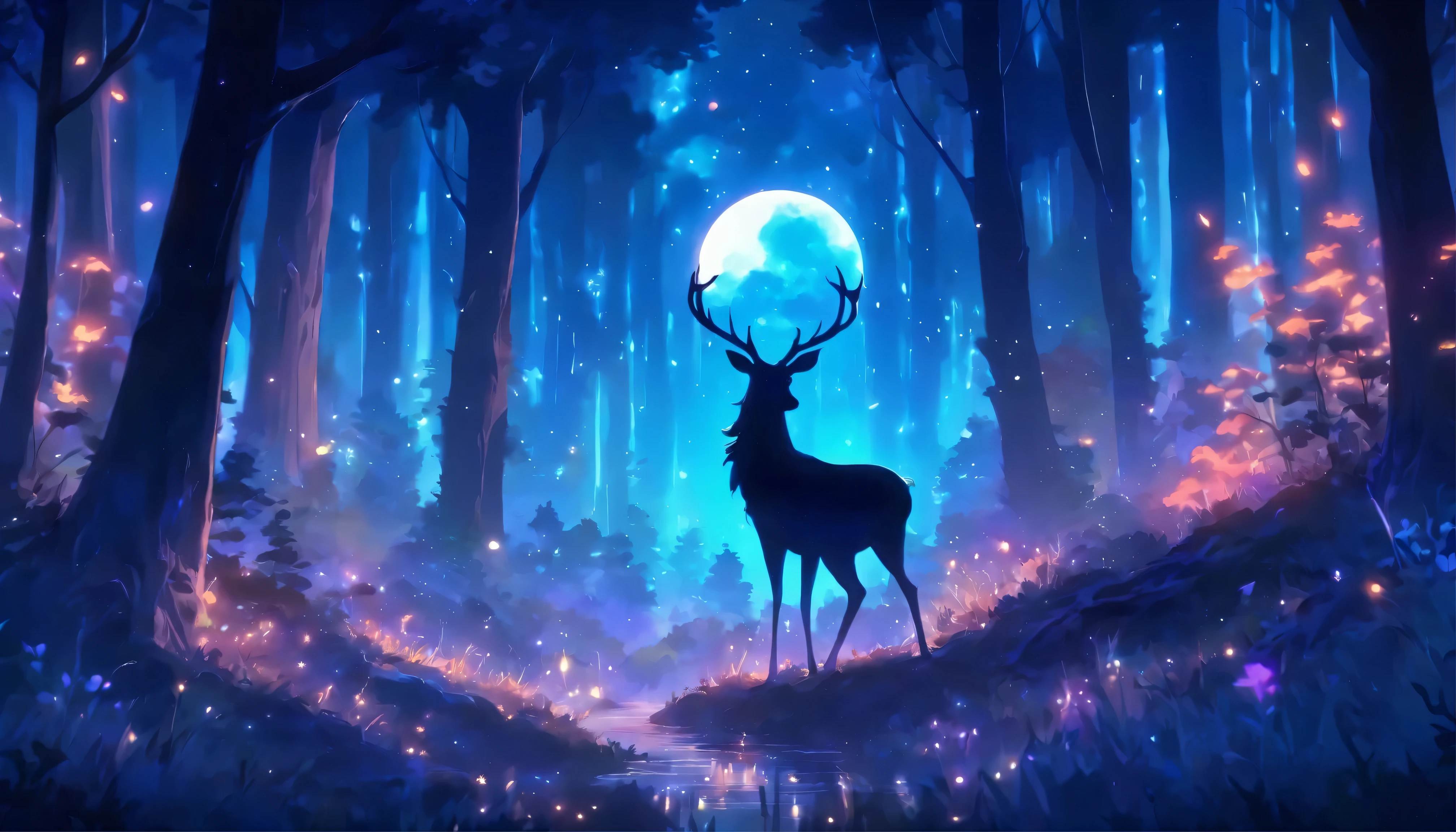 a painting of a deer in the woods with a crescent, calm night. digital illustration, ✨🕌, full moon, night in the forest, in the forest at night, in a forest at night, night forest, the moonlit dance of the fae, ori and the blind forest, hollow knight concept art, moonlit forest environment, moonlit forest, forest spirit