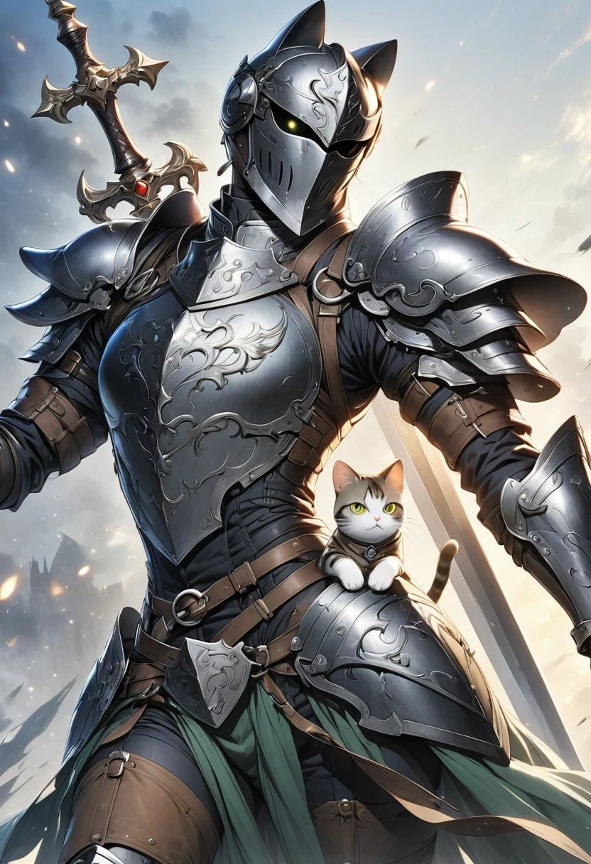 (Anthropomorphic Cat:1.5),A cat knight in armor,holding a weapon,wearing a helmet,slim,holy sword,middle Ages