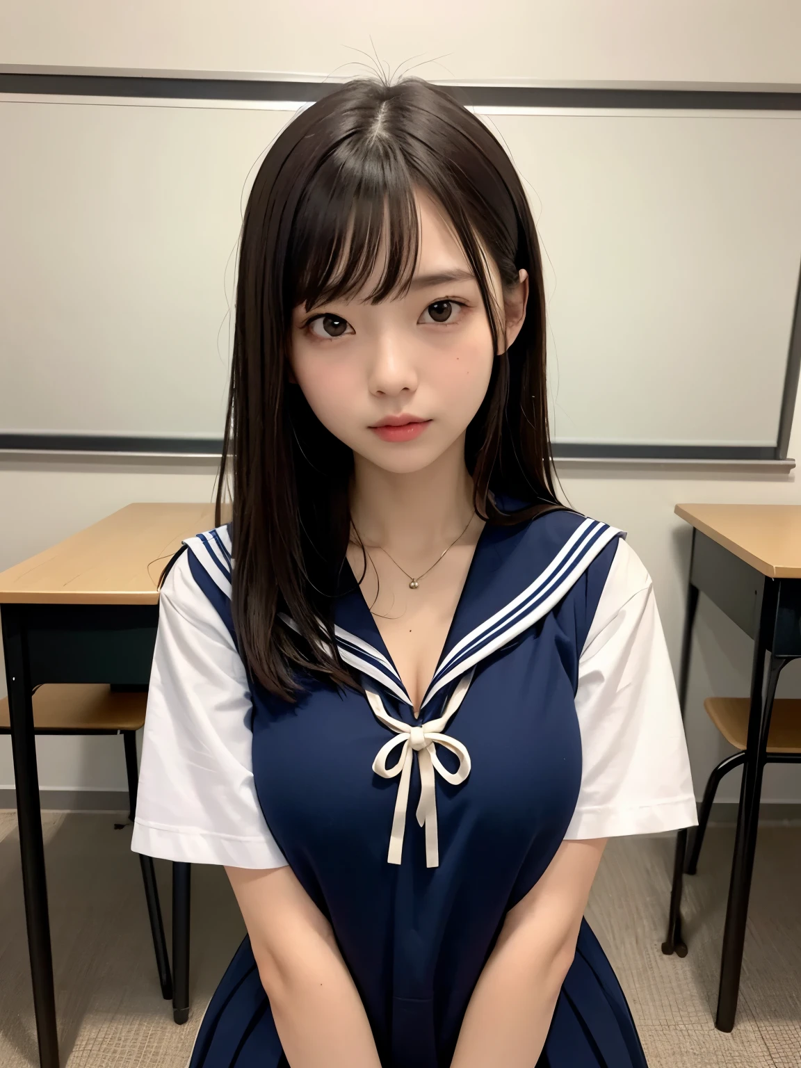(professional portrait、professional writing)、highest quality, Detailed workmanship、high resolution、(8K, High resolution:1.2)、(RAW photo, photorealistic:1.3)、masterpiece、slender body shape、high definition face、Face is in focus、high definition eyes、(Focused, symmetrical pupils:1.2)、High-definition and beautiful skin、firm skin、natural makeup、gross lip, High-definition hair texture、 (Japanese high school girl)、17 years old、cute, hair bun, classroom、(sailor suit:1.3), near the wall, (sitting on the floor:1.1), (hugging own breast tightly with arms:1.3), very cute, (very embarrassed:1.3), (blush:1.1), (afraid:1.3), Strange look、Looking up at the camera、 (shirt front open:1.2), (cleavage, nsfw), nipples