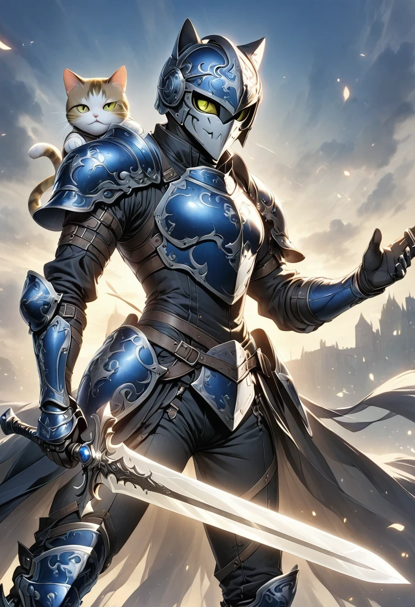 (Anthropomorphic Cat:1.5)，A cat knight in armor，holding a weapon，wearing a helmet，slim，holy sword，middle Ages
