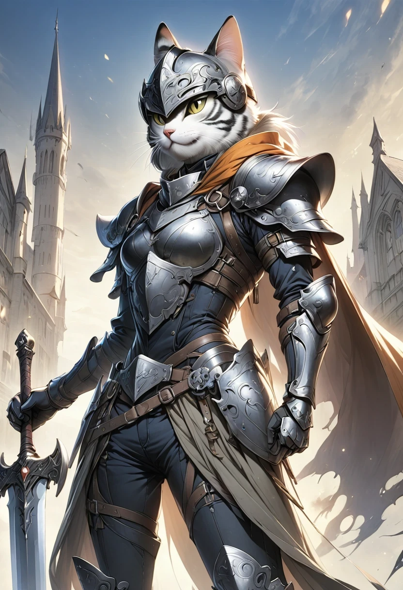 (Anthropomorphic Cat:1.5)，A cat knight in armor，holding a weapon，wearing a helmet，slim，holy sword，middle Ages