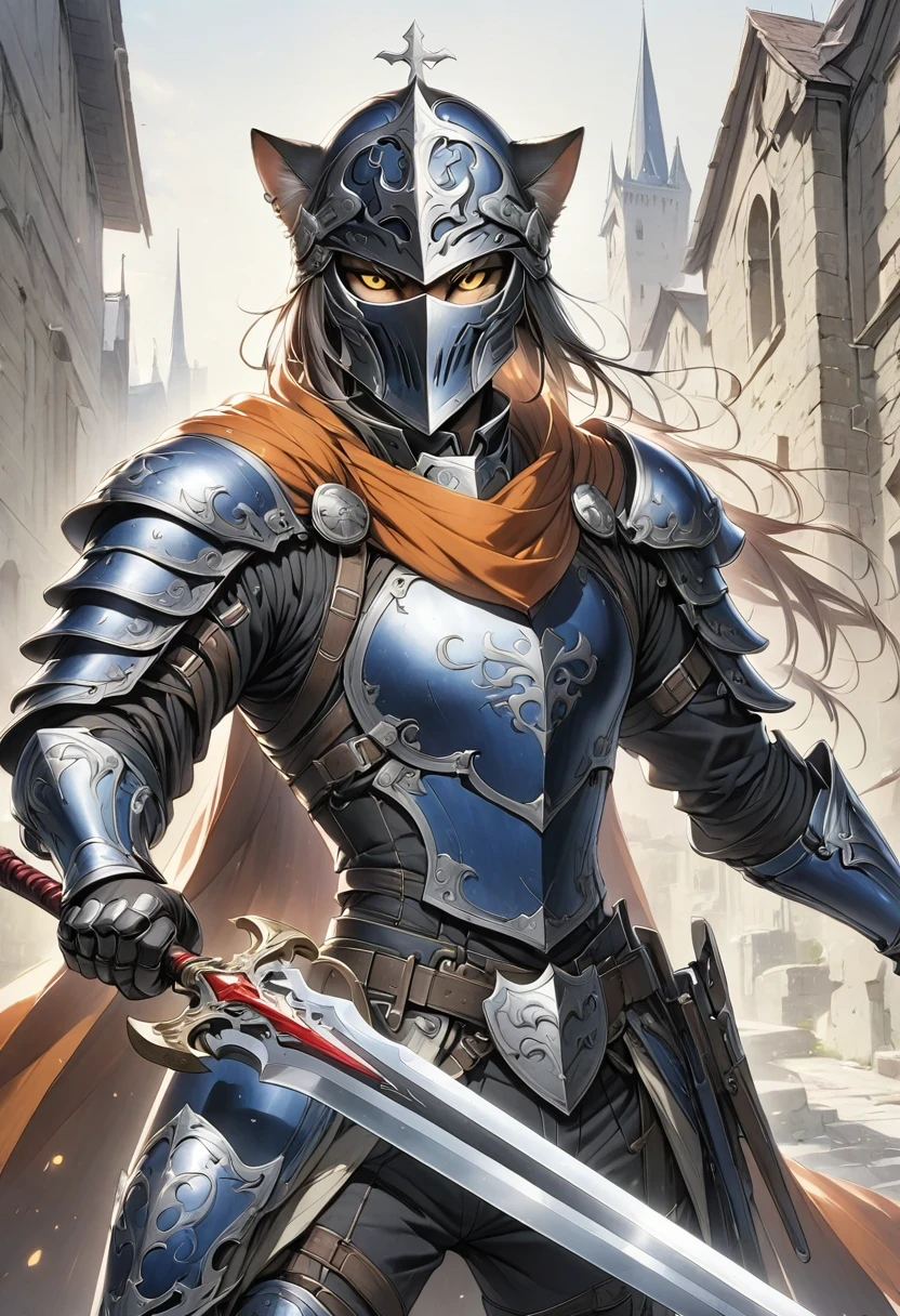 (Anthropomorphic Cat:1.5),A cat knight in armor,holding a weapon,wearing a helmet,slim,holy sword,middle Ages