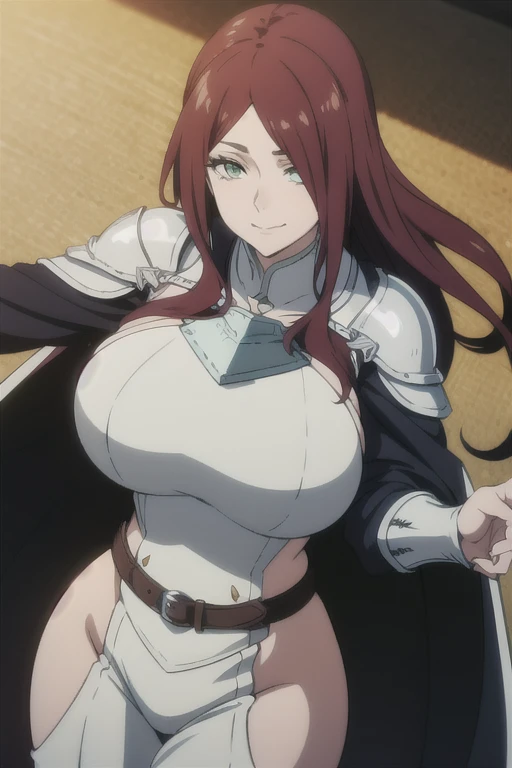 mature women,milf,large breast,beautiful face,long hair, shiny hair, green eyes,high detailed,red hair, hair over one eye,masterpiece,cowboy shot,perfect anatomy,cleveage,dynamic pose,HENTAI Anime, Pearl White Rubber Suit,Helmet Full Mask (Face Shield)) ((Breastplate Armor)) (Cloak with short collar) ((emblem on chest and forehead)),Gravure,evil smile,