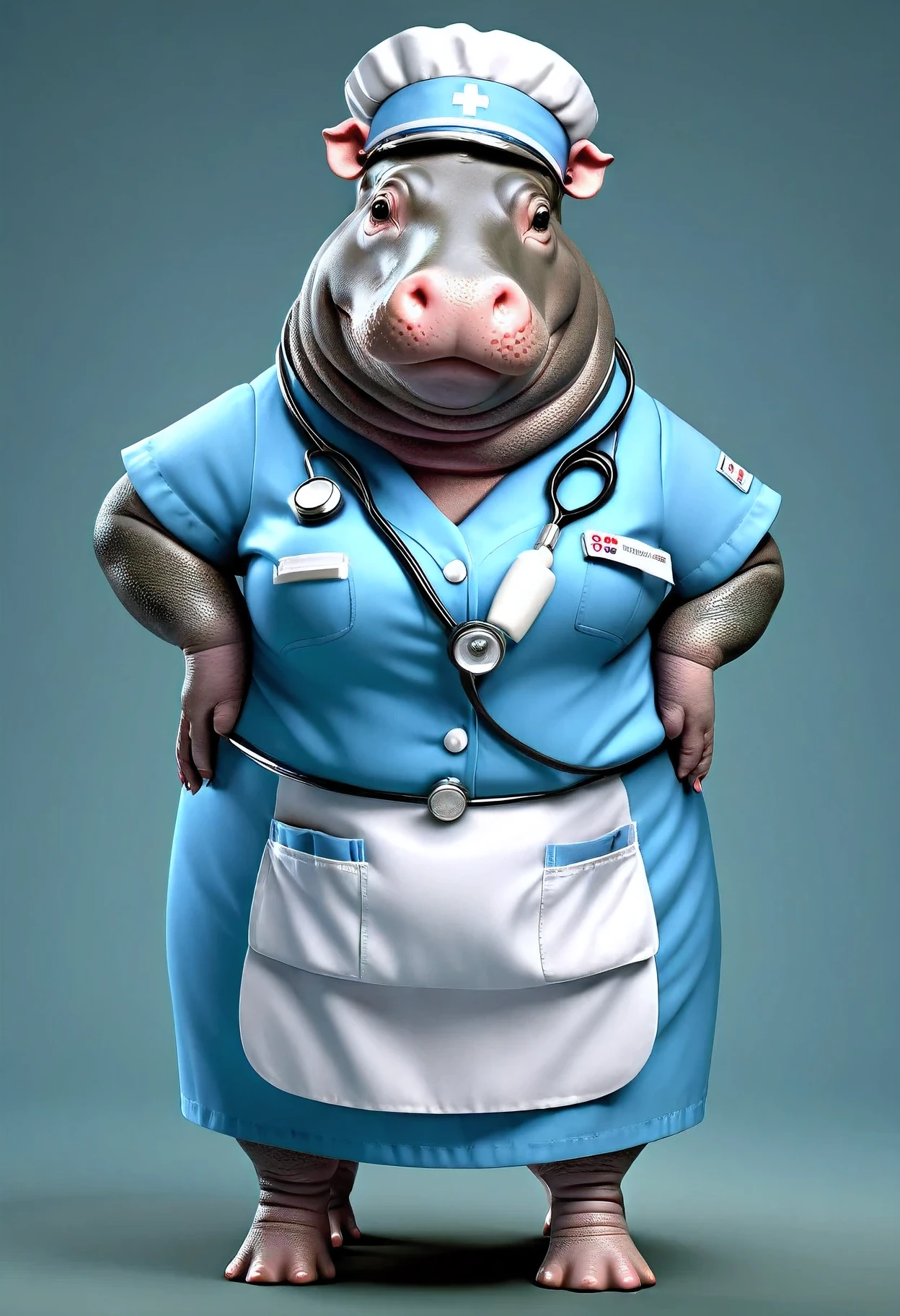 photorealistic portrait of Dressed animals - a ((fat)) hippo nurse,(hands on :1.2),(), high quality,(lovely) ,intricate details, highly detailed (( nurse costume)), wearing nurse cap and skirt , highly detailed medical equipment , (happy), studio lighting,(),(simple background)