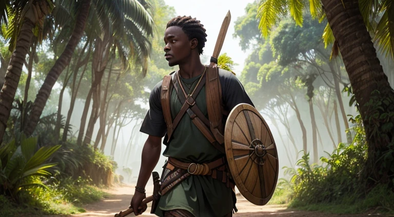 Tribo de africanos andando na mata, homem cor de pele preto,africanos, roupas antigas, na mata, de noite, ancient wooden spears and shield, na floresta, na mata, indo para a aldeia 