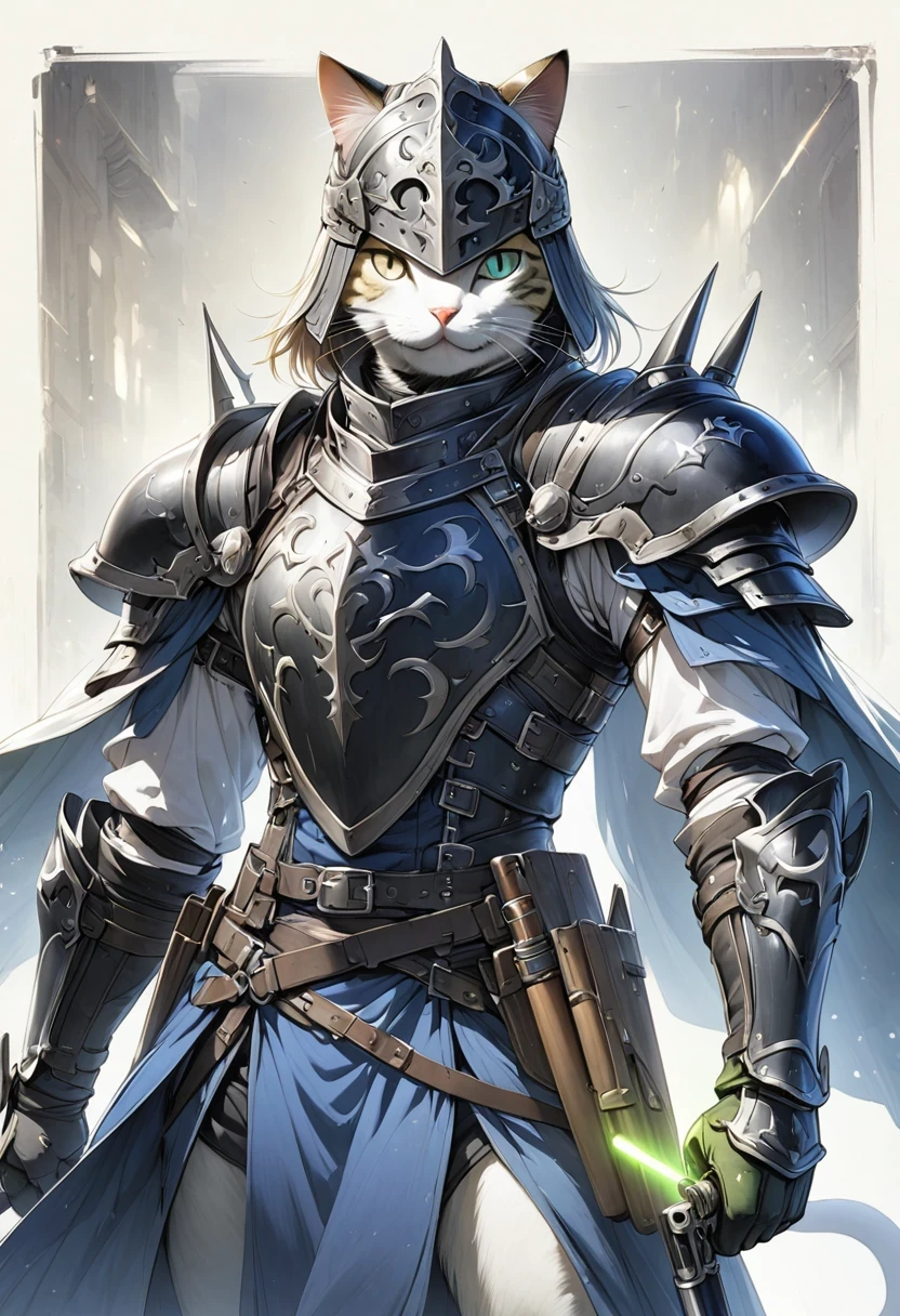 (Anthropomorphic Cat:1.5)，A cat knight in armor，holding a weapon，wearing a helmet，slim，lightsaber，middle Ages
