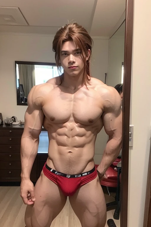 20 year old male bodybuilder anime character wearing red bodybuilder thong with a brown skinned mullet hairstyle flexing his muscles in a mirror of his room
