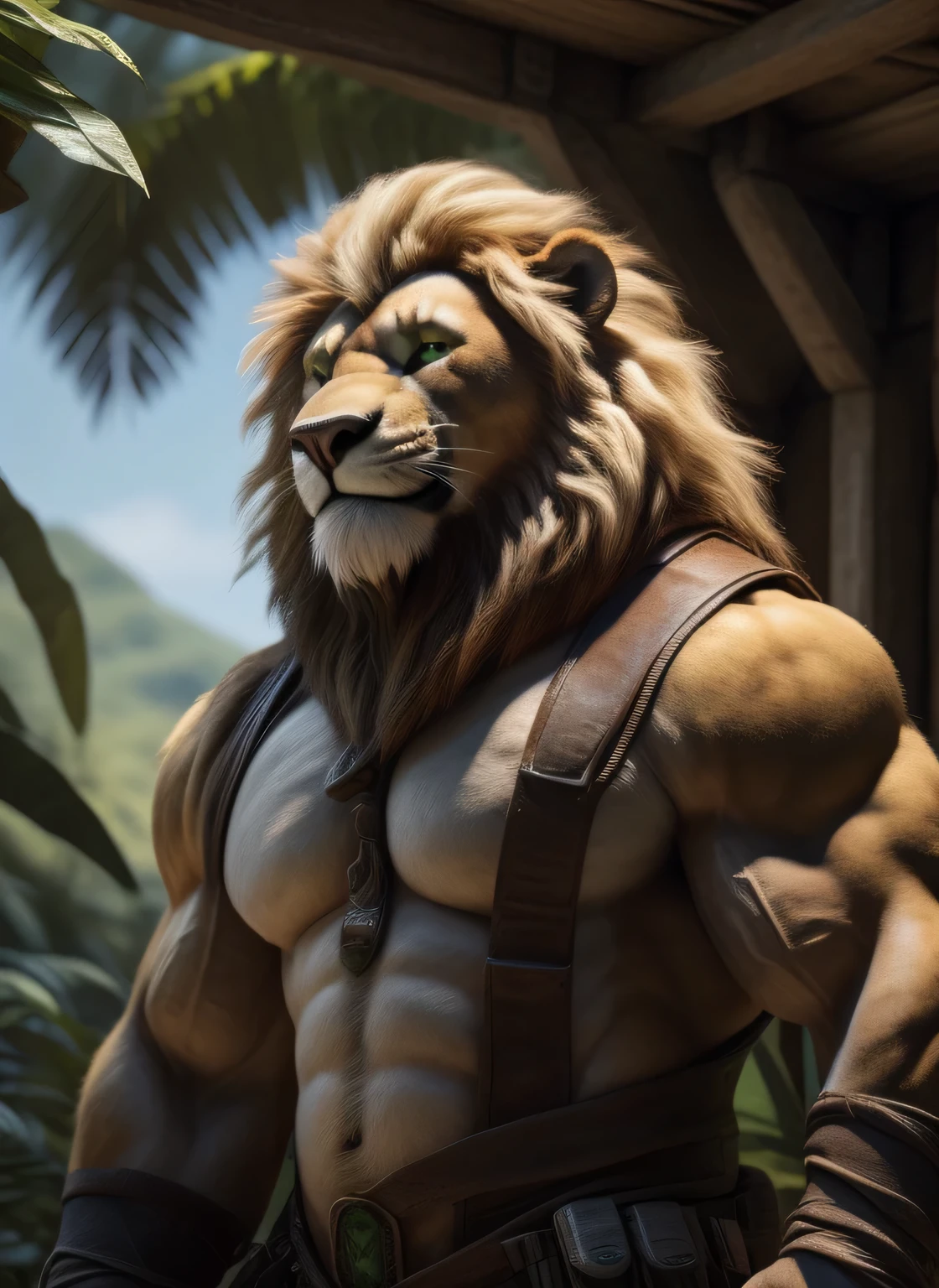 Lion, male, adult, long blond mane, big brown beard all over the jaw, very muscular body, large pectorals, big biceps, beautiful green eyes, detailed eyes, detailed face, archaeologist adventurer, tight-fitting archaeologist adventurer clothes , open shirt, visible pecs, smiling face, jungle background, seen all over the body (intricate, high detail, film photography, soft focus, RAW candid cinema, photorealism, realistic, photorealistic, analog style, subsurface scattering, masterpiece, best quality, ultra realistic, 8k)