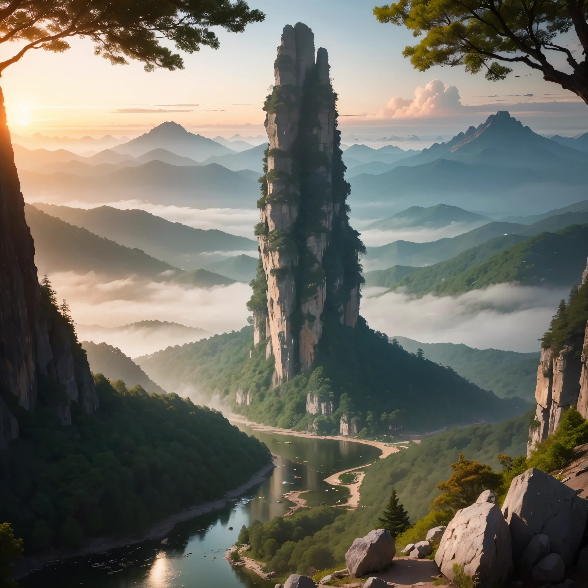 The main subject of the painting is the Zhangjiajie Mountains，Strange peaks tower，shrouded in mist，The characteristic is the unique stone pillar peak forest，The artistic style combines traditional Chinese landscape painting with modern realistic techniques，Elements include lush vegetation、crystal clear stream、Ancient stilt house，Stunning visual effects，The color characteristics are mainly green，A sunrise or sunset with warm colors，High definition，Presents exquisite picture quality，Natural and soft light processing，Master style highlights，Demonstrating professional-level skills。
