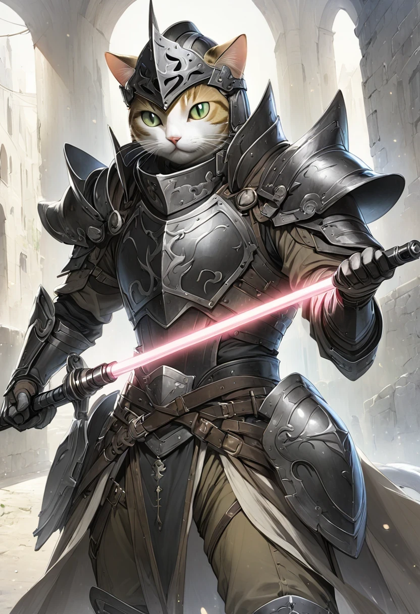 (Anthropomorphic Cat:1.5),A cat knight in armor,holding a weapon,wearing a helmet,slim,lightsaber,middle Ages