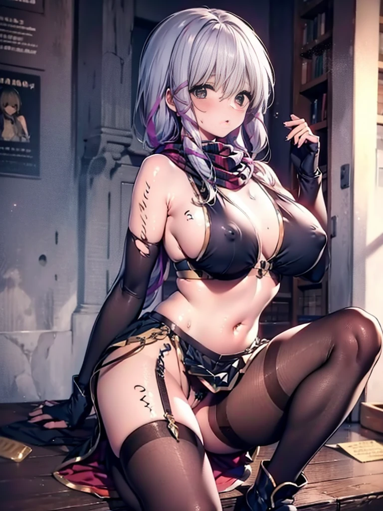 (NSFW:1.2),masterpiece, best quality, looking at the viewer,raise your legs, underground prison, Claire Rathbird, long ponytail, hair ribbon, Striped scarves, black dress, fingerless gloves, thigh high boots,torn clothes, one navel, pull up the skirt、pantyhose、white panties、huge breasts、black sports bra、wide open cleavage、blush、troubled expression、sweaty skin、
