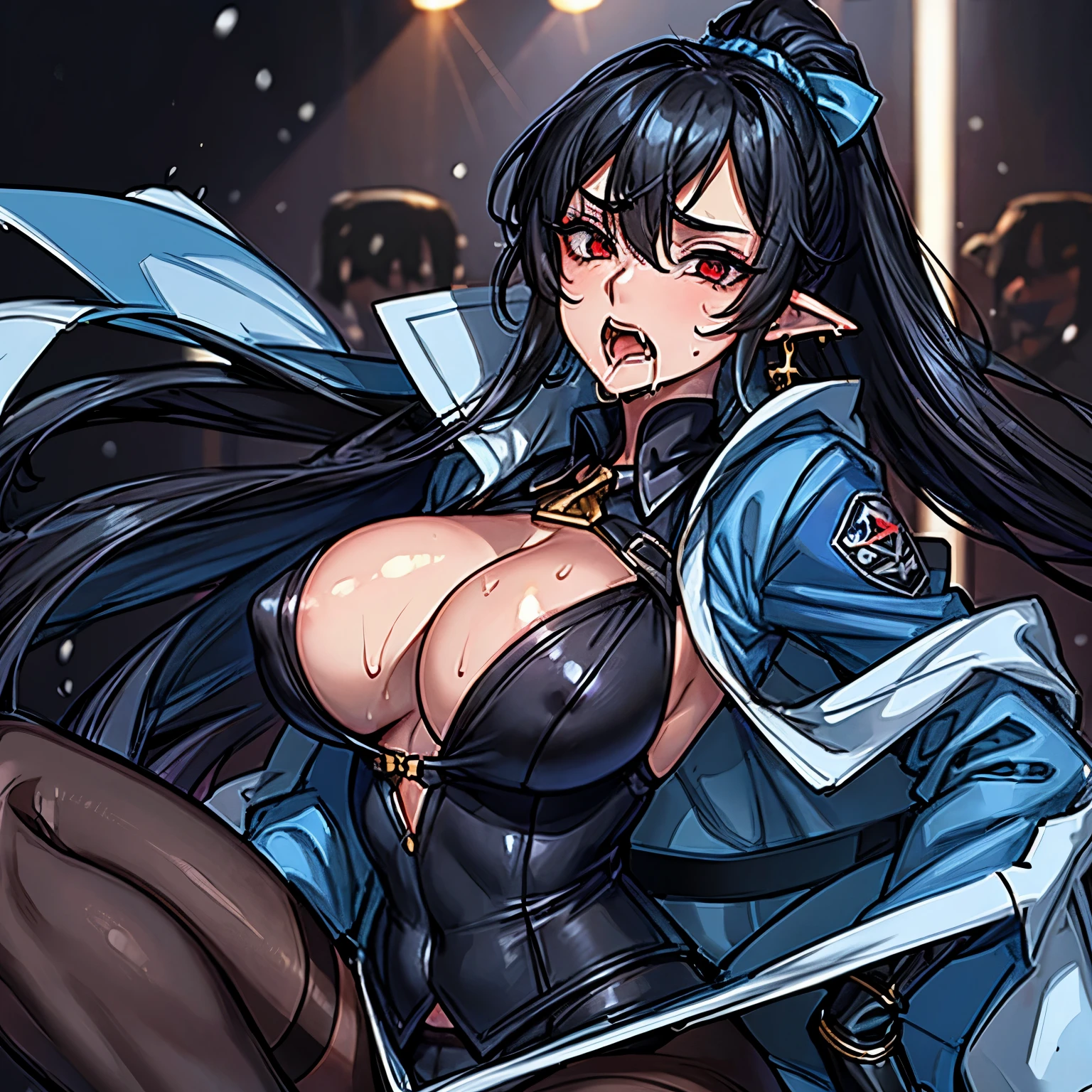 tattoo on chest,blue black hair,long hair,red eyes, pointy ears, round earrings, white like snow, ponytail, One-point tattoo on chest, blue black tattoo, bangs, wearing a blue-black vest, black tights, 2 thin corners, The color of the corner is black, My tights were torn, torn vest, exposed nipples, sweaty skin,rape,pussy,sex,big , Tattoo on cleavage, sex addiction, blue jacket, masterpiece, highest quality, very detailed、(vulgar),日本人のsex依存症女性、super breasts,sweaty skin,(drooling:1.2),juices from orgasm,vaginal secretions,women who are sexually abused,vulgar disco club ,Blowjob, how,vulgar dance、throw,crowd,raise feces,1 girl,(sweaty chest:1.3)、broken clothes