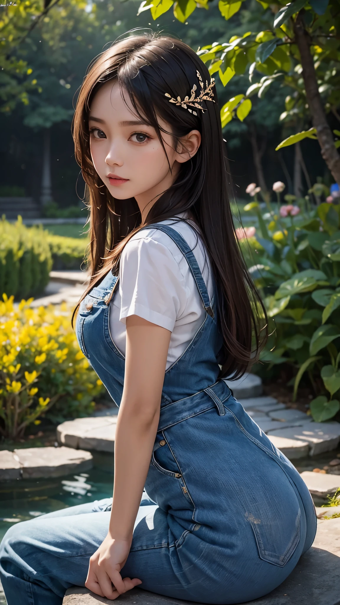 A girl from Indonesia, with beautiful detailed eyes and lips, in a garden setting. The image should have a raw photography aesthetic with realistic and detailed elements. It should be of the best quality, either in 4k, 8k, or high-resolution, with a touch of artistic excellence (masterpiece:1.2). The colors should be vivid, and there should be a bokeh effect in the background. The overall style can be a combination of portraits and landscape, capturing the natural beauty of the girl and the surroundings. The lighting should be consistently accurate, enhancing the realism of the image.