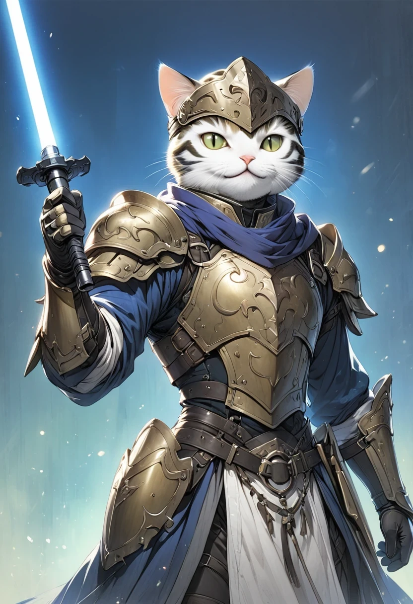 (Anthropomorphic Cat:1.5),A cat knight in armor,holding a weapon,wearing a helmet,slim,lightsaber,middle Ages