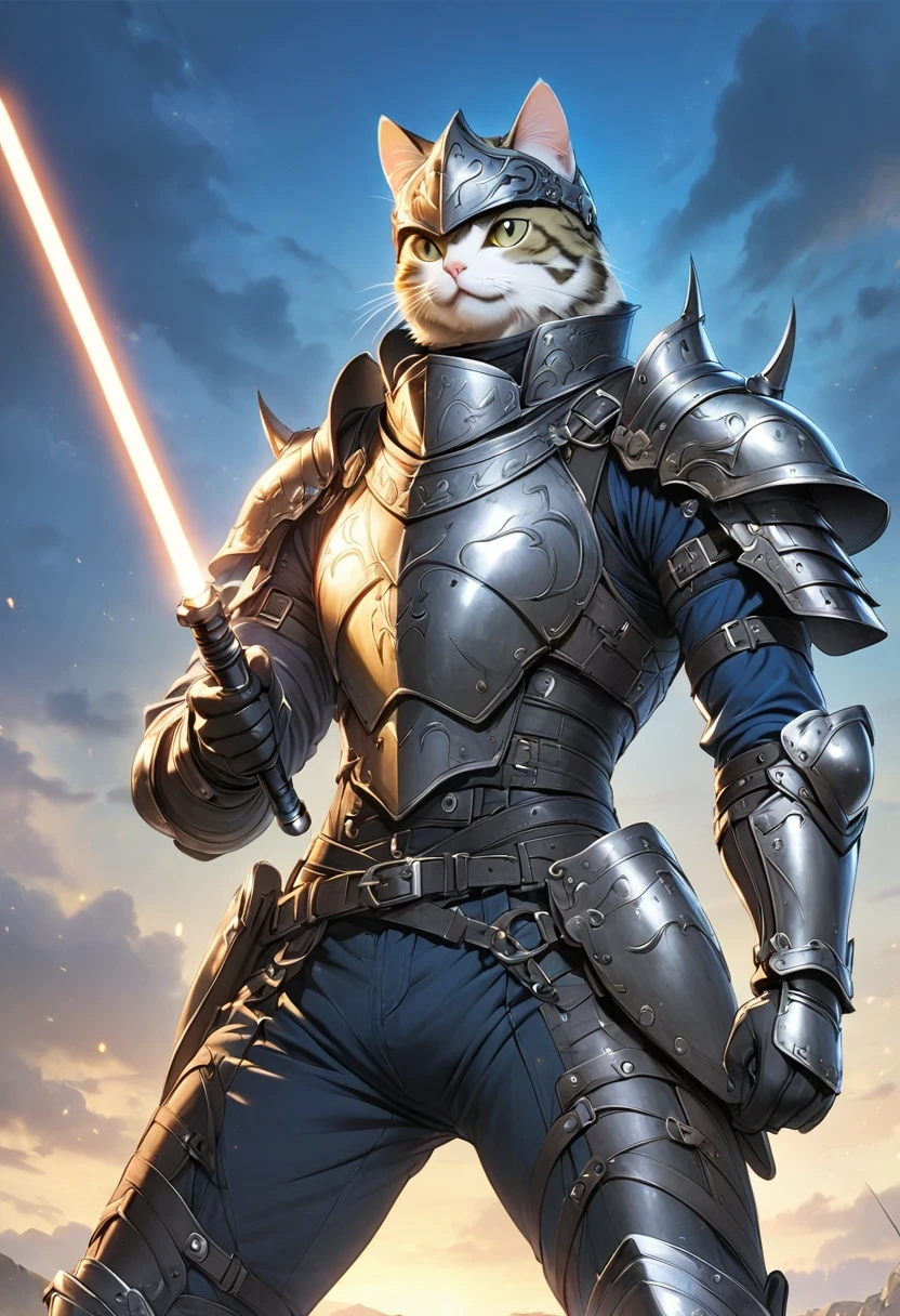 (Anthropomorphic Cat:1.5),A cat knight in armor,holding a weapon,wearing a helmet,slim,lightsaber,middle Ages