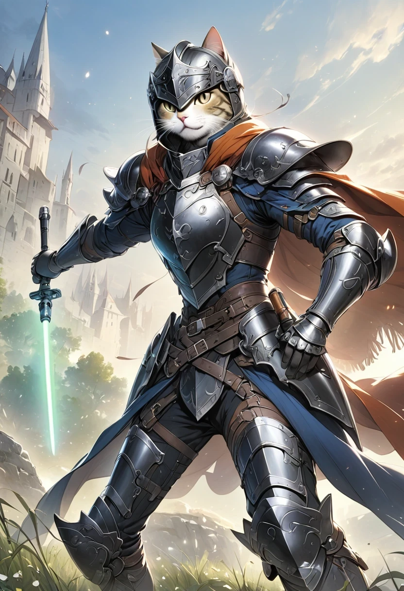 (Anthropomorphic Cat:1.5)，A cat knight in armor，holding a weapon，wearing a helmet，slim，lightsaber，middle Ages
