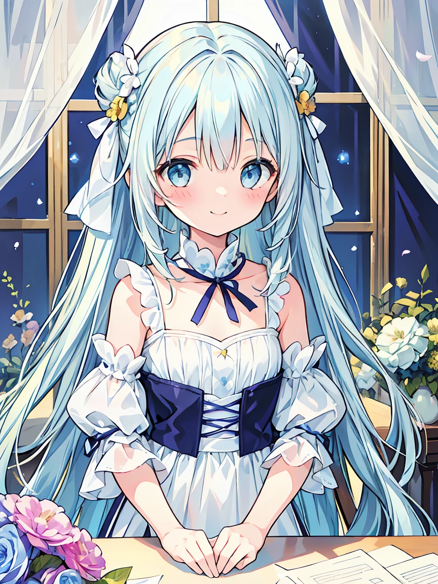 masterpiece, best quality, extremely detailed, (illustration, official art:1.1), 1 girl ,(((( light blue long hair)))), light blue hair, ,10 years old, long hair ((blush)) , cute face, big eyes, masterpiece, best quality,(((((a very delicate and beautiful girl))))),Amazing,beautiful detailed eyes,blunt bangs((((little delicate girl)))),tareme(true beautiful:1.2), sense of depth,dynamic angle,,,, affectionate smile, (true beautiful:1.2),,(tiny 1girl model:1.2),)(flat chest)),,absurdres, highres,BREAKGirl decorating a vase with (dried flowers:1.1), on table, flower arrangement, Colorful flowers in background, (smile, happy:1.2)BREAK(solo:1.2)