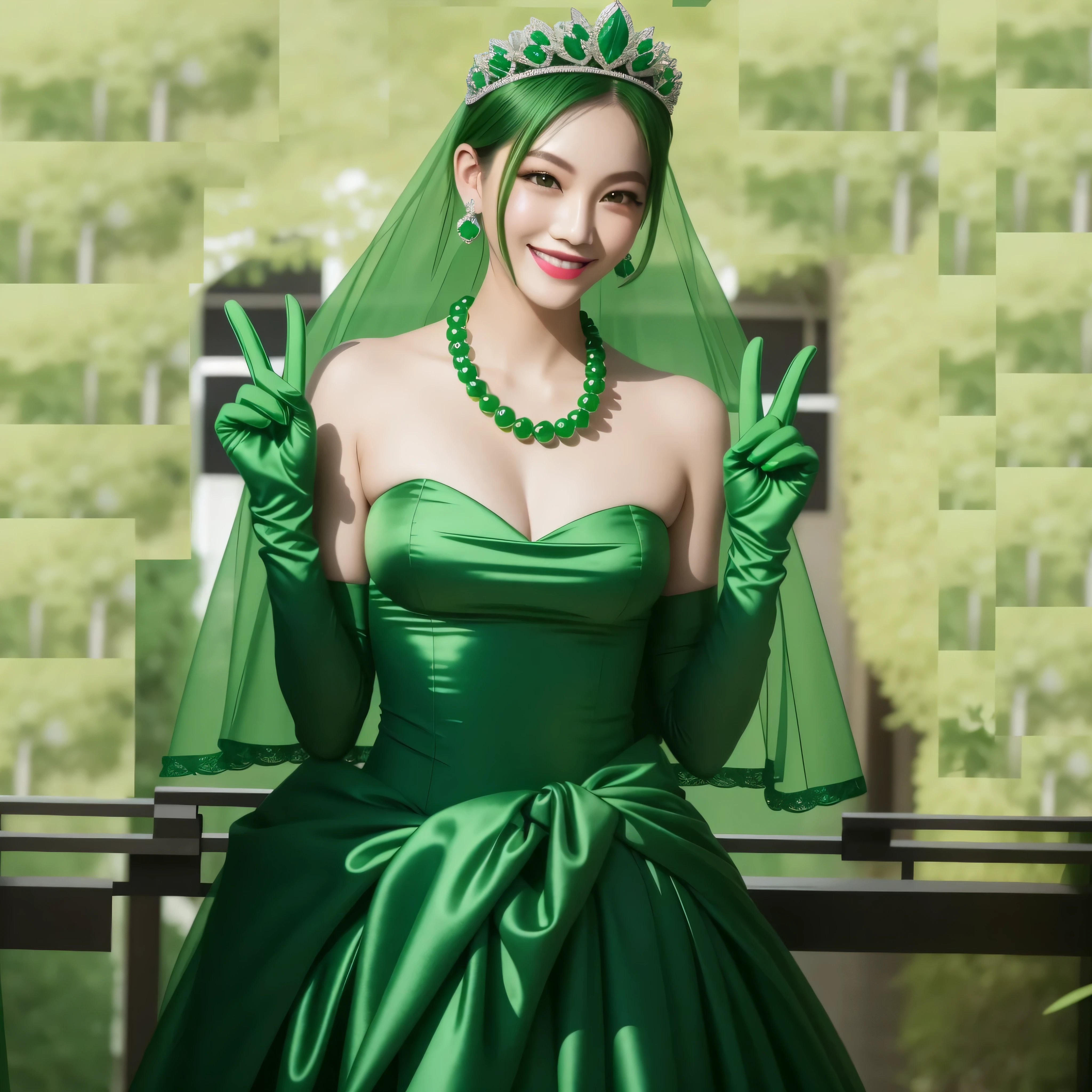 emerald tiara, green pearl necklace, boyish very short green hair, green lips, smiling Japanese woman, very short hair, Beautiful woman with big breasts, green eyes, green satin long gloves, green eyes, emerald earrings, green veil, Heart with both hands, green hair, beautiful japanese woman, V sign, green lip gloss