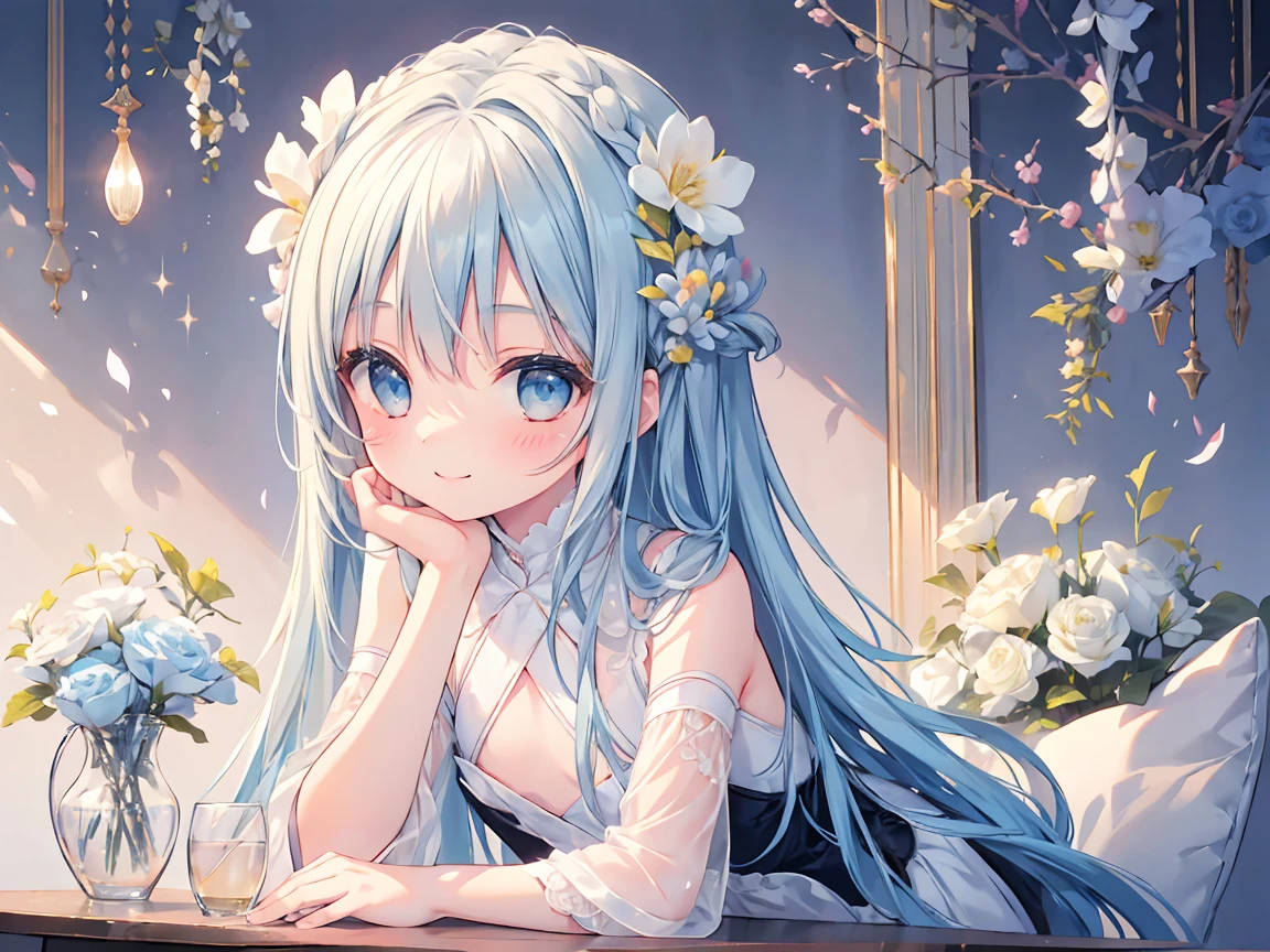 masterpiece, best quality, extremely detailed, (illustration, official art:1.1), 1 girl ,(((( light blue long hair)))), light blue hair, ,10 years old, long hair ((blush)) , cute face, big eyes, masterpiece, best quality,(((((a very delicate and beautiful girl))))),Amazing,beautiful detailed eyes,blunt bangs((((little delicate girl)))),tareme(true beautiful:1.2), sense of depth,dynamic angle,,,, affectionate smile, (true beautiful:1.2),,(tiny 1girl model:1.2),)(flat chest)),,absurdres, highres,BREAKGirl decorating a vase with (dried flowers:1.1), on table, flower arrangement, Colorful flowers in background, (smile, happy:1.2)BREAK(solo:1.2)