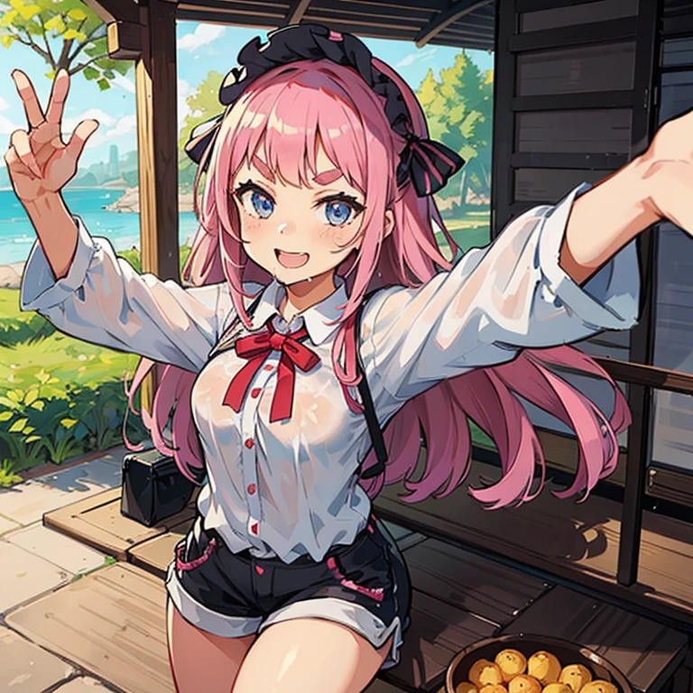 Girl with pink hair, long double-tailed hairstyle, ((small pink bushy eyebrows)), wearing lolita clothing, shorts, marked vagina, lolicon (Zankuro) drawing style by zankuro artist, Zancro style, image uploaded to R34, flirty smile, take a selfie, close-up, ((showing a breast outside the shirt)), (squeezing a breast with her hand) face very close to the camera, moan and drool) happy face cheeky smile