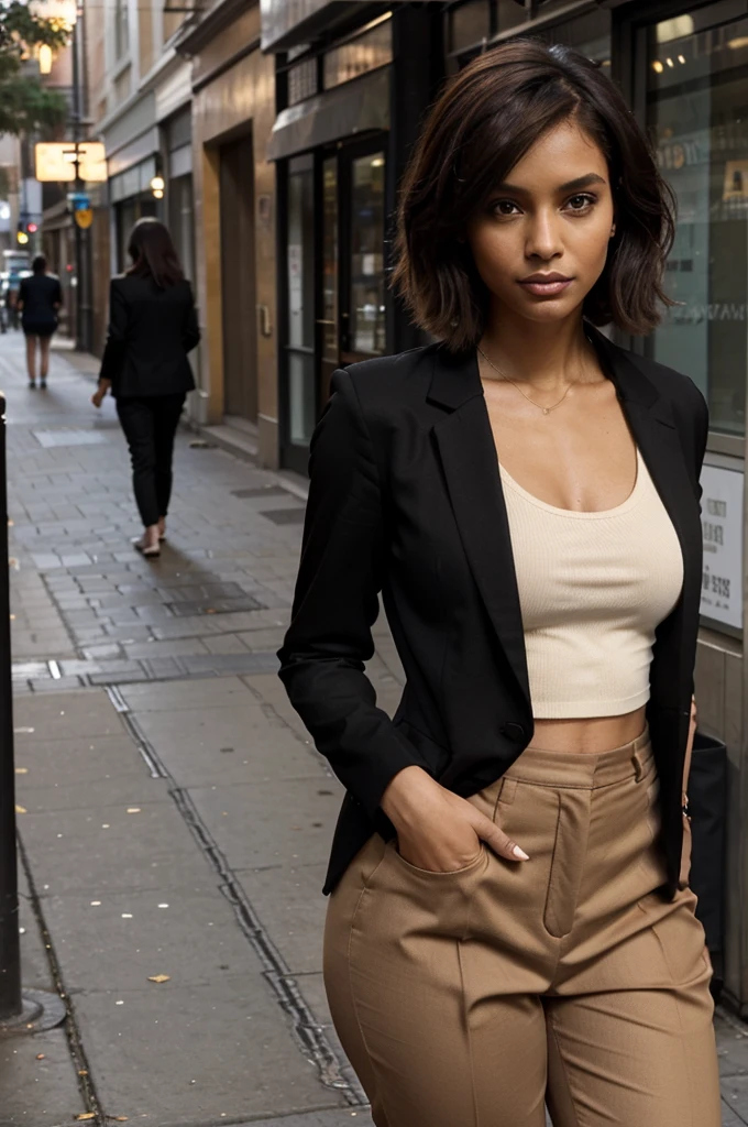 generate a thin woman, 30 years old. With short brown hair, brown skin, with a closed mouth and painted nails. Dressed in a black blazer and beige pants. That's on the street