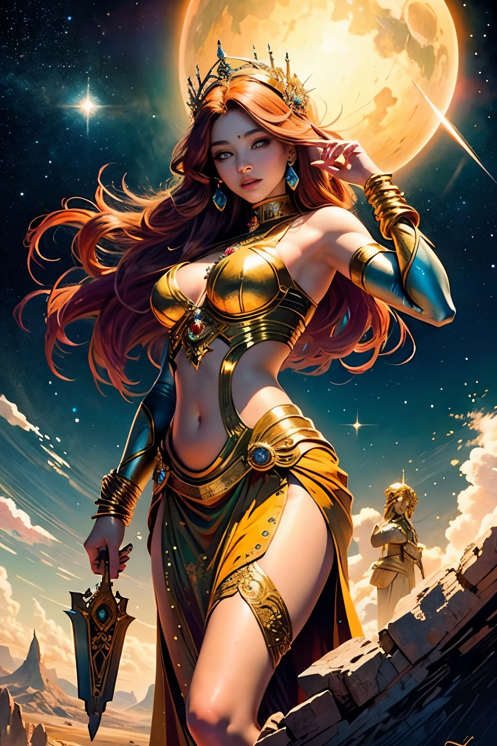 Masterpiece of godlike quality, showcasing the artistry of a divine artist, with a young goddess at its heart. Her highly detailed face boasts big, expressive eyes with long, luxurious lashes. Colorful strands of multicolored hair cascade down her shoulders, framing her radiant countenance. Her shiny skin glows with a youthful, blushing hue. Luscious, full lips adorn her godlike visage, reflecting the magnificent view of the starry background.

Hovering in the vastness of space, this masterpiece transports us to another realm, as the young goddess stands tall against a backdrop of sparkling stars and gl