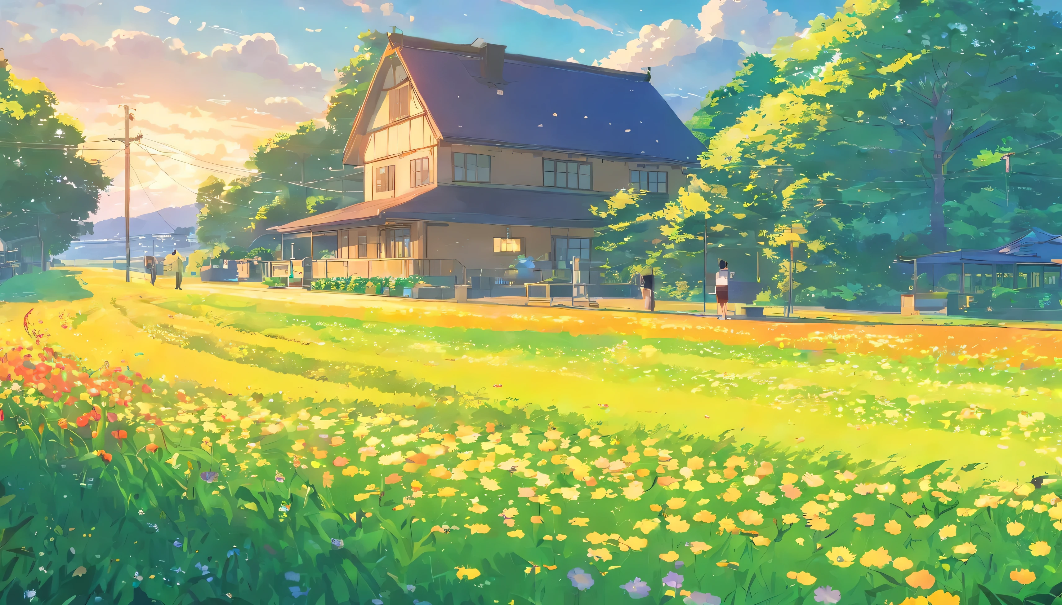 Flower field,house,riverside