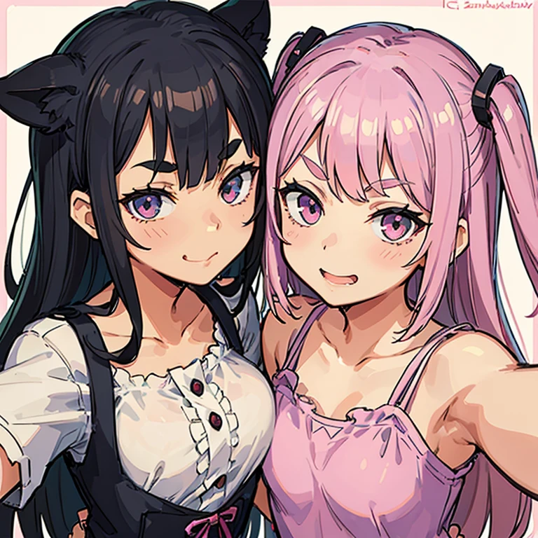 Girl with pink hair, long double-tailed hairstyle, ((small pink bushy eyebrows)), wearing ta clothing, , loli(Zankuro) drawing style by zankuro artist, Zancro style, image uploaded to R34, flirty smile, take a selfie, close-up, showing one breast outside the shirt, face very close to the camera, moan and drool) happy face wavy smile , showing pubis