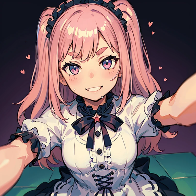 Girl with pink hair, long double-tailed hairstyle, ((small pink bushy eyebrows)), wearing ta clothing, , loli(Zankuro) drawing style by zankuro artist, Zancro style, image uploaded to R34, flirty smile, take a selfie, close-up, showing one breast outside the shirt, face very close to the camera, moan and drool) happy face wavy smile , showing pubis