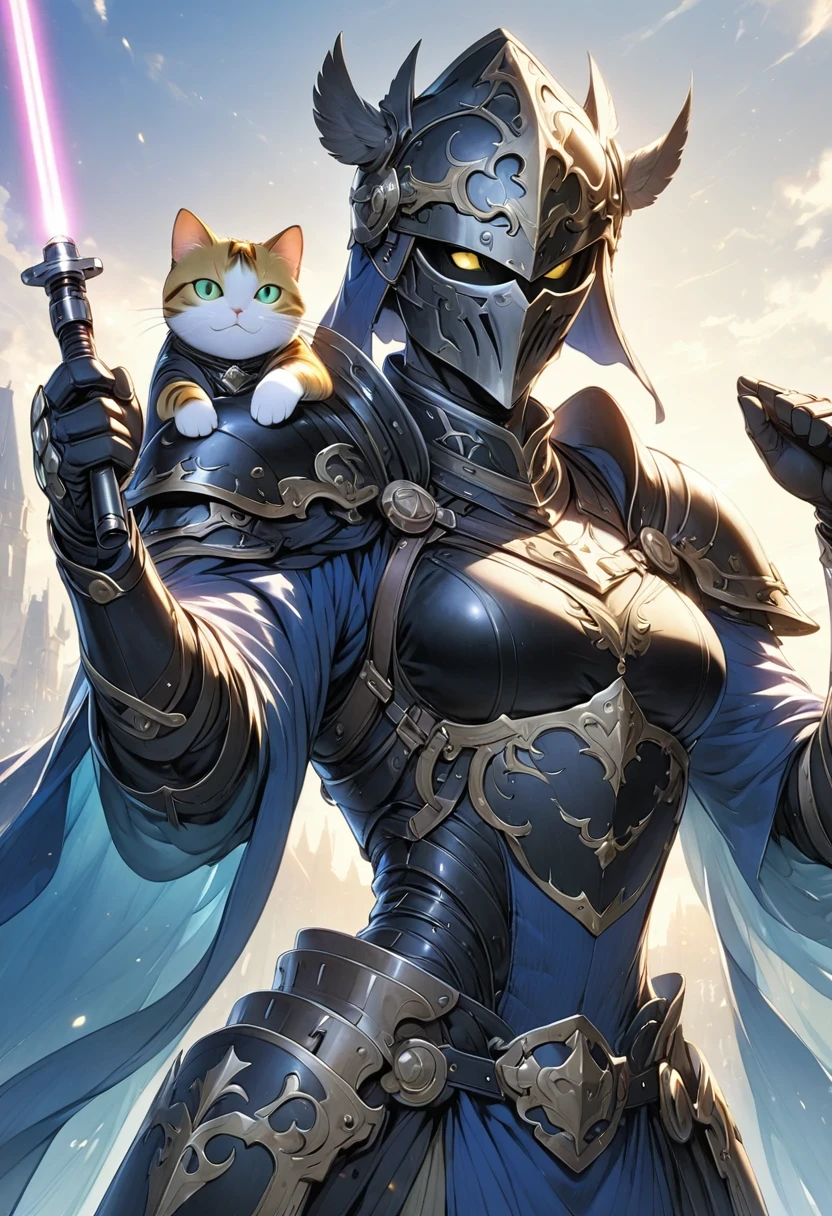 (Anthropomorphic Cat:1.5),A cat knight in armor,holding a weapon,wearing a helmet,slim,lightsaber,middle Ages