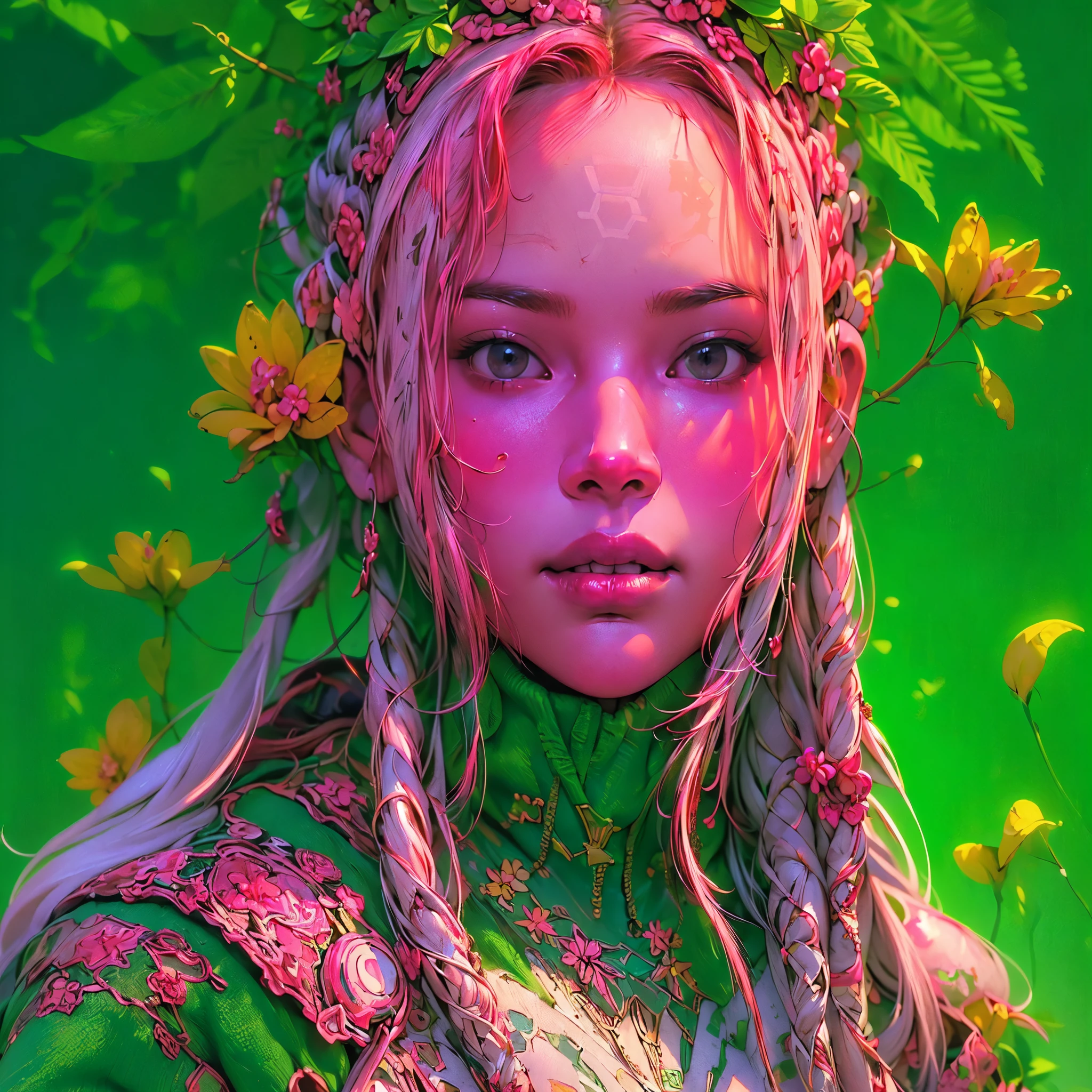 ((Create one girl + ye, (realistic), (masterpiece, Best quality), (1 elf), (1 girl), (sexy), (One, bangs, red dyed hair) (White armor cyber skulls), (long black tights with gloves)).((close-up), (standing at full height), (mysterious))_((Girl), (green:1.5, orange:1.1, white: 1.3, yellow:1.3))_((very sexy girl with dreadlocks), (tattoos), (naked parts of the body), (down jacket: 1.2), (jacket on a naked body, T-shirt, thong))_((Beautiful figure, half-turn 16+ years),eali),((small peach breasts, graceful figure, narrow waist, smooth hips)),((long double braids),(tight braids),(braided hair), (dark hair) ),((red lips)), ((smile)))_(((Shiny skin:1.5, white skin, light skin: 1.5)),((sexy), (cute ))_((fractals, Flowers, leaves, fog, lilies, circles background))_((Chiaroscuro, contrast, warm-cold), (atmosphere visualization), (best quality), (Virtual realism))_((Digital painting, anime style, cyberpunk), (best quality, 4k, high resolution, masterpiece: 1.2)),((ultra-detailed)),((realistic, photorealistic, photorealistic: 1.37))_((( Soft clear shapes, broad strokes, attention to detail)))_(((High quality, 16K | Ultra HD | Full HD))).