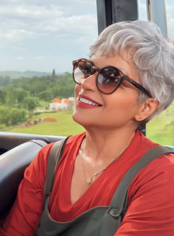 mulher estilo desenho, Cartoon,with sunglasses smiling while riding an air balloon, imagem de perfil, por Max Dauthendey, powder Nándor Katona, on a scenic background, com cabelos brancos curtos e cortados, inspirado em Ruth Deckard, farida malik, profile picture with headshot, colinas ao fundo, Cabelo grisalho curto, inspirado em T. K. Padmini, em formato Pixar e desenho animado 