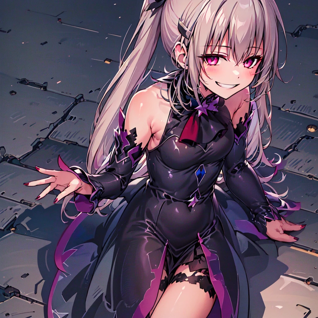 (masterpiece, best quality:1.2), 1 girl, alone，a short ponytail，Star hairpins and black feather hairpin，nail art，evil smile