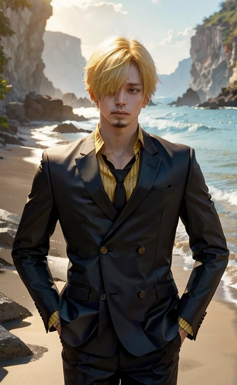 1 man, Sanji from the anime One Piece, short hair , yellow hair, black eye, good looking, black clothes, realistic clothes, details clothing, sea background, Super detailed, realistic