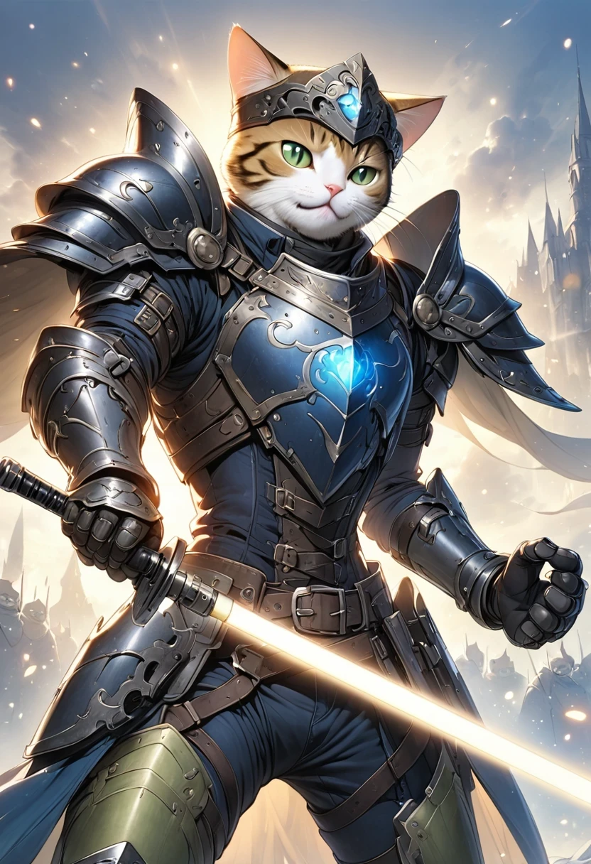 (Anthropomorphic Cat:1.5),A cat knight in armor,holding a weapon,wearing a helmet,slim,lightsaber,middle Ages