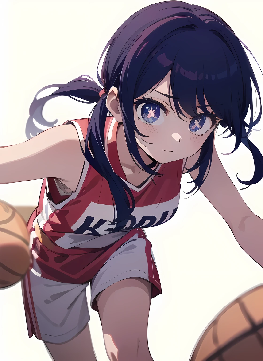 ai hoshino,basketball player, (basketball court background:1.3), sportswear,pony tail,(head to thigh visible:1.4), playing basketball, intense basketball match, ((running while holding basketball)), ((sharp focus)) daytime,indoor lighting,anime style,oshi no ko art style, best quality, unity 8k wallpaper, anatomically correct, (((masterpiece))), (((best quality))), (((ultra detailed))), (((high-resolution))), ((super fine illustration)), ((Ultimate cutie)), ((detailed beautiful face)), ((perfect hands)), perfect finger, ((perfect eyes)), (((good anatomy))), Solo, One girl,(looking at the screen:1.4), long purple hair, 16 year old five-pointed star in the eyes, medium breasts, ((dribble a beautiful Perfectly spherical 6" basketball with one hand)), speedy moment, good camera angle, ((running)), (white background:1.4), ("B-KOM" written on sportswear:1.4)