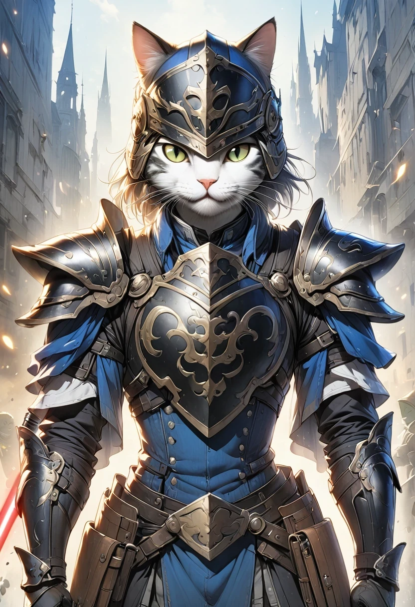 (Anthropomorphic Cat:1.5),A cat knight in armor,holding a weapon,wearing a helmet,slim,lightsaber,middle Ages