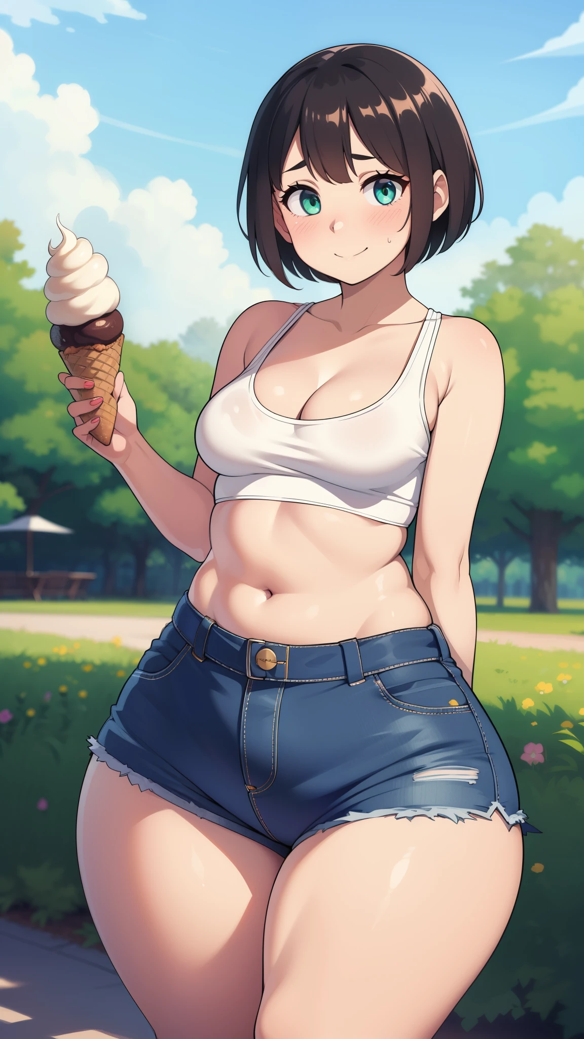 ((highres)), Masterpiece, high quality, best quality, beautiful, perfect lighting, detailed face, ultra cute face, cowboy shot, ((1girl)), ((solo)),

Short hair, fluffy hair, brown hair, green eyes, ((blush)), nervous smile, shy, looking at viewer, blue crop top, shorts, ((thick thighs)), (wide hips), bottom heavy, cleavage, (small breasts), 

20 year old female, standing in a park, (park), daytime, holding ice cream,
