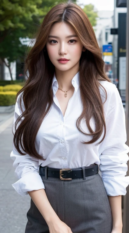 (Best quality, High resolution, Masterpiece :1.3), A tall and pretty woman, Slender abs, Dark brown hair styled in loose waves, Breasts, Wearing pendant, White button up shirt, Belt, Black skirt, (Modern architecture in background), Details exquisitely rendered in the face and skin texture, Detailed eyes, Double eyelid