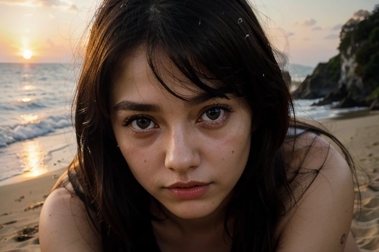 masterpiece、(((reality photograph)))、NSFW, super high quality、crystal clear、RAW UHD format、droopy eyes、high resolution glowing eyes, highest quality,, close, realistic skin texture, photograph shoot, detailed facial features, Film grain texture and high contrast, Very high resolution details, photograph's, realistic, 超realistic, HDR, masterpiece.Sunset coast、Sitting naked on the beach with a melancholy expression