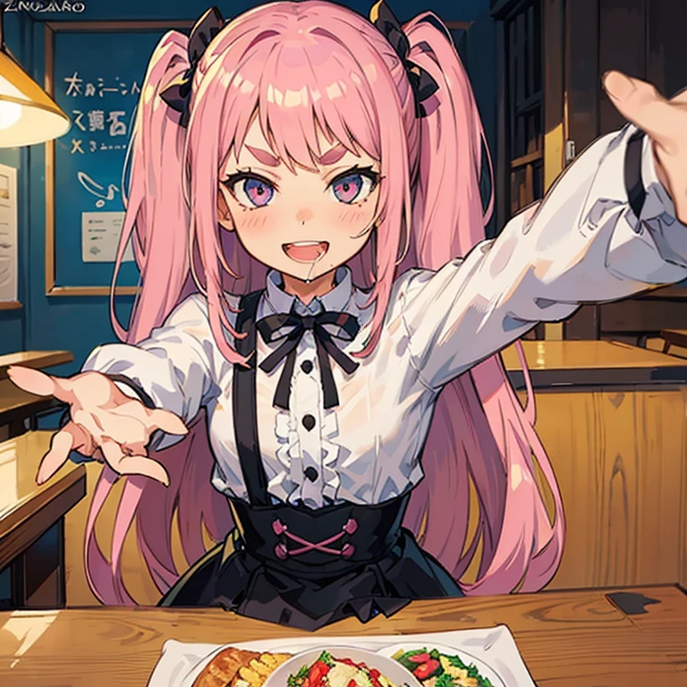 Girl with pink hair, long double-tailed hairstyle, ((small pink bushy eyebrows)), wearing lolita clothing, , lolicon (Zankuro) drawing style by zankuro artist, Zancro style, image uploaded to R34, flirty smile, take a selfie, close-up, showing one breast outside the shirt, face very close to the camera, moan and drool) happy face wavy smile , showing pubis, in restaurant