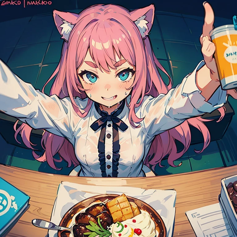 Girl with pink hair, long double-tailed hairstyle, ((small pink bushy eyebrows)), wearing ta clothing, , loli(Zankuro) drawing style by zankuro artist, Zancro style, image uploaded to R34, flirty smile, take a selfie, close-up, showing one breast outside the shirt, face very close to the camera, moan and drool) happy face wavy smile , showing pubis, in restaurant