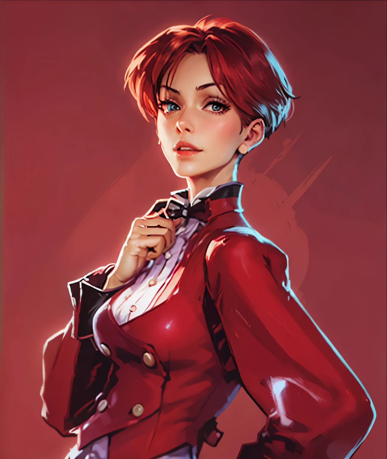 a close up of a person in a red outfit with a microphone, faye valentine, maya fey from ace attorney, phoenix wright, jjba, snk, detective clothes, umineko, ace attorney, ace attorney style, in phoenix wright ace attorney, faye valentine from cowboy bebop, like lady mechanika, lowres, nico robin, kakyoin, best quality, 4k, king of fighters, king, 