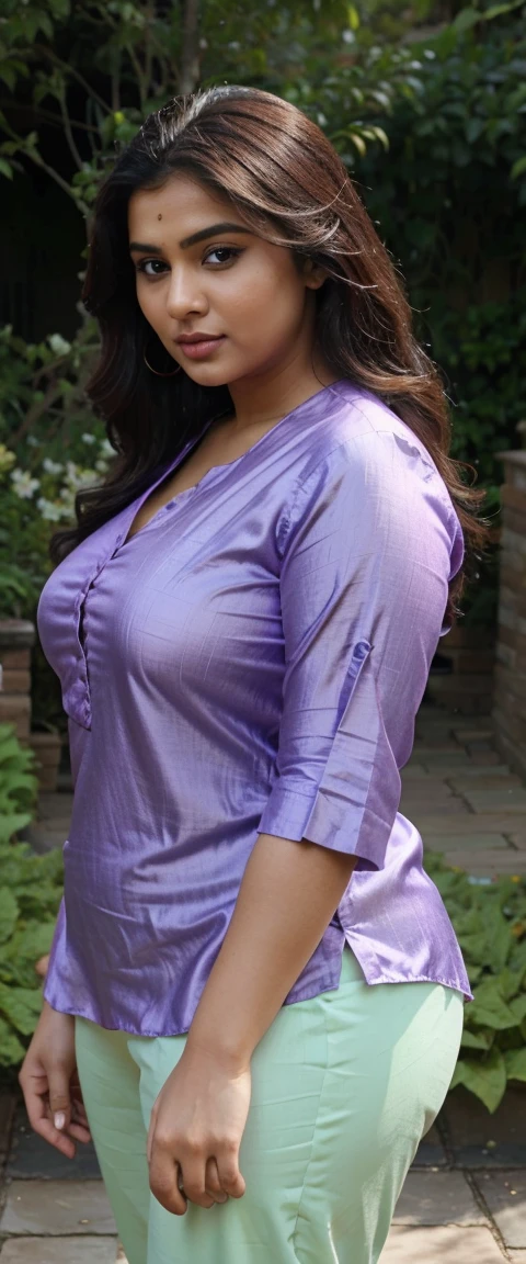 Beautiful Indian women, curvy, chubby women, ((waring violet silk kurta))), ((silk kurta and pant)), beautiful face, makeup, mesmerizing eyes, luscious lips, wavy hair, sharp cheekbones, (outside the house, (((in the garden))), happy, front focus, beautiful sexy body, ((good proportion)), seducing, realistic background, pose, chubby women, sharp focus, close up,