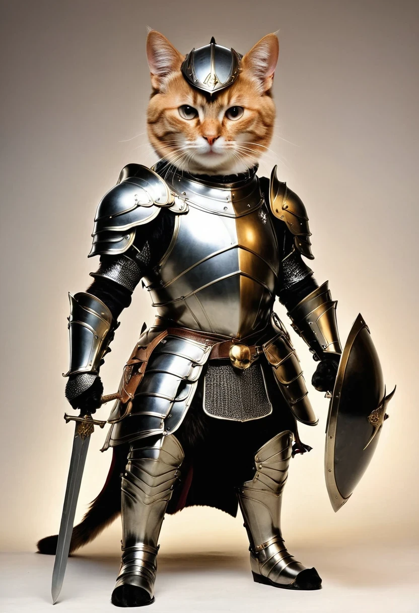 Anthropomorphic Cat,A cat knight in armor,holding a weapon,wearing a helmet