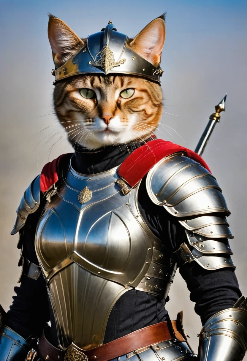 Anthropomorphic Cat，A cat knight in armor，holding a weapon，wearing a helmet
