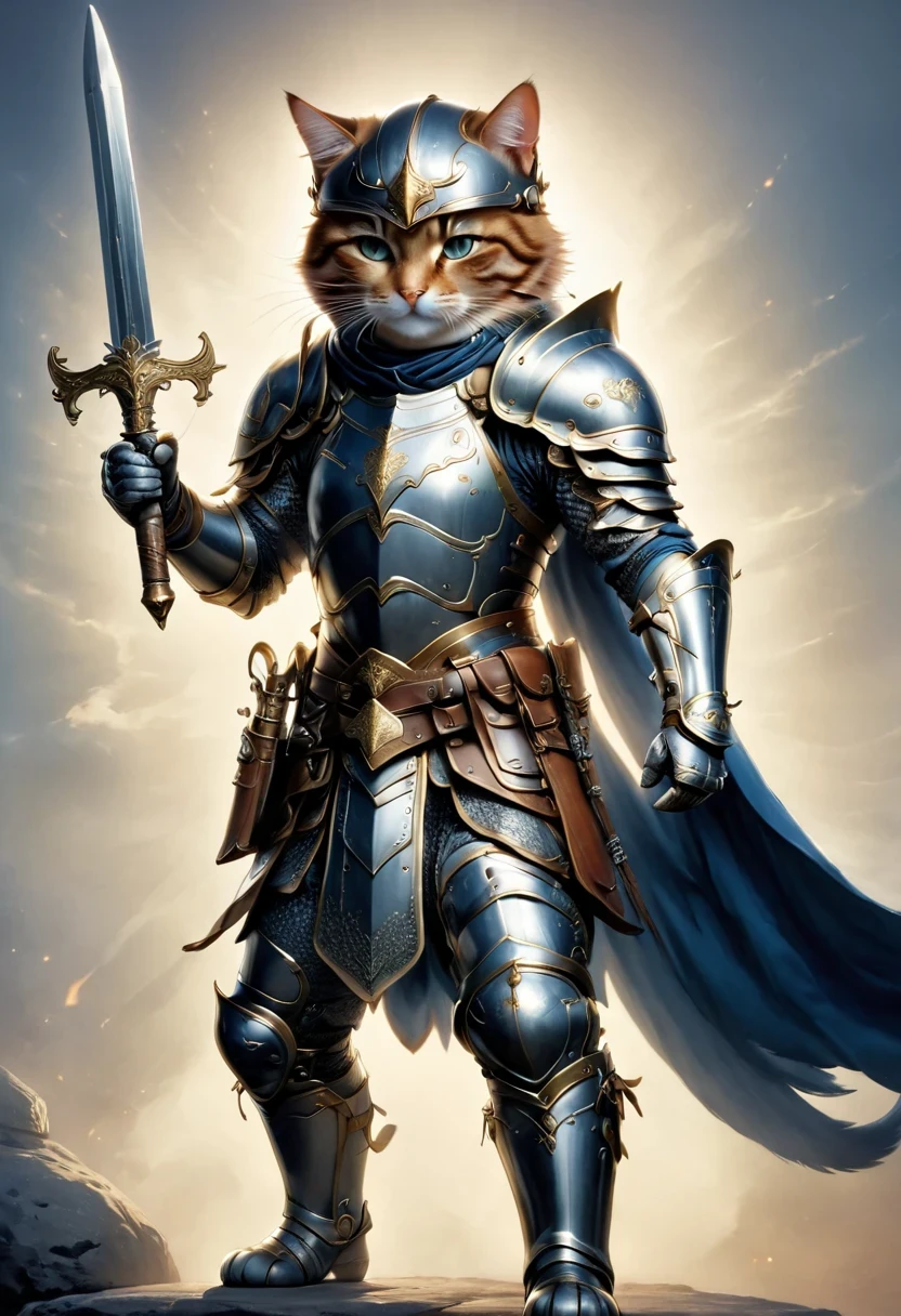 Anthropomorphic Cat,A cat knight in armor,holding a weapon,wearing a helmet