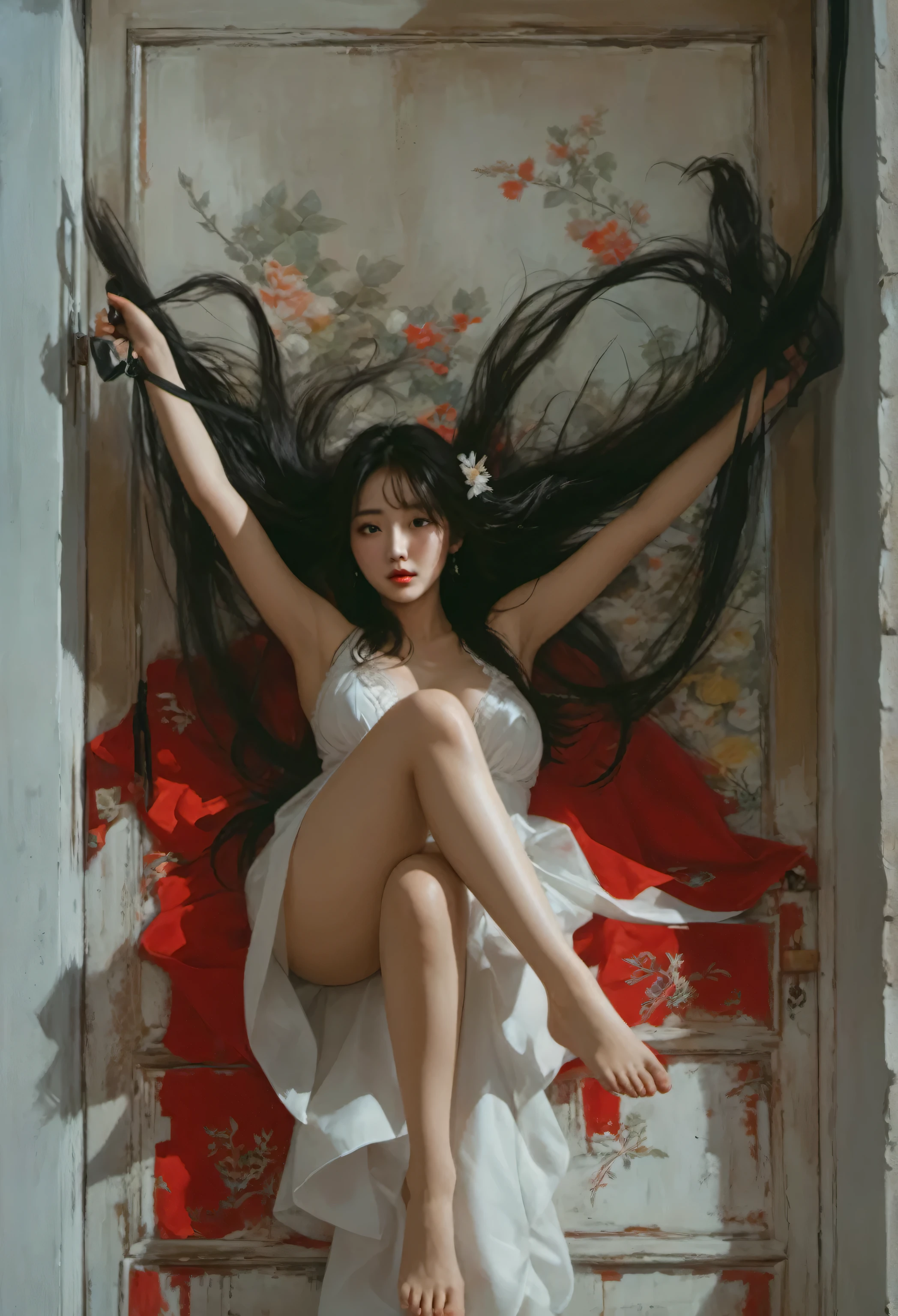 A lady in a white dress sits on the door，Wearing a pair of black shoes, korean artist, sexy pose, Yoo Lee Ji-eun plays the super villain, author：Yang Jie, author：Zhang Han, Sun Yunzhu, sakimicchan, Cui Xianhua, Young Ten Thousand Angels, by Ren Xiong, by Wen Zhenheng, Beautiful Korean woman